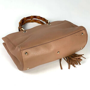 Gucci Fringe Shopper Leather Handbag Tassel Bamboo Brown Pink